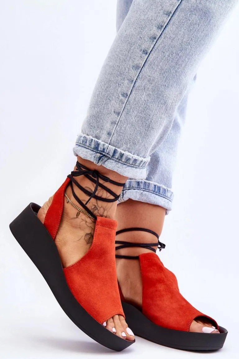 Zamszowe Sandały Na Koturnie Zazoo 2743 Pomarańczowe