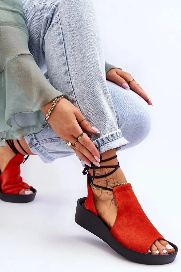 Zamszowe Sandały Na Koturnie Zazoo 2743 Pomarańczowe