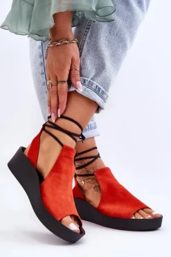 Zamszowe Sandały Na Koturnie Zazoo 2743 Pomarańczowe