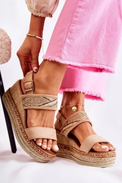 Zamszowe Sandały Na Koturnie Beżowe Annabel