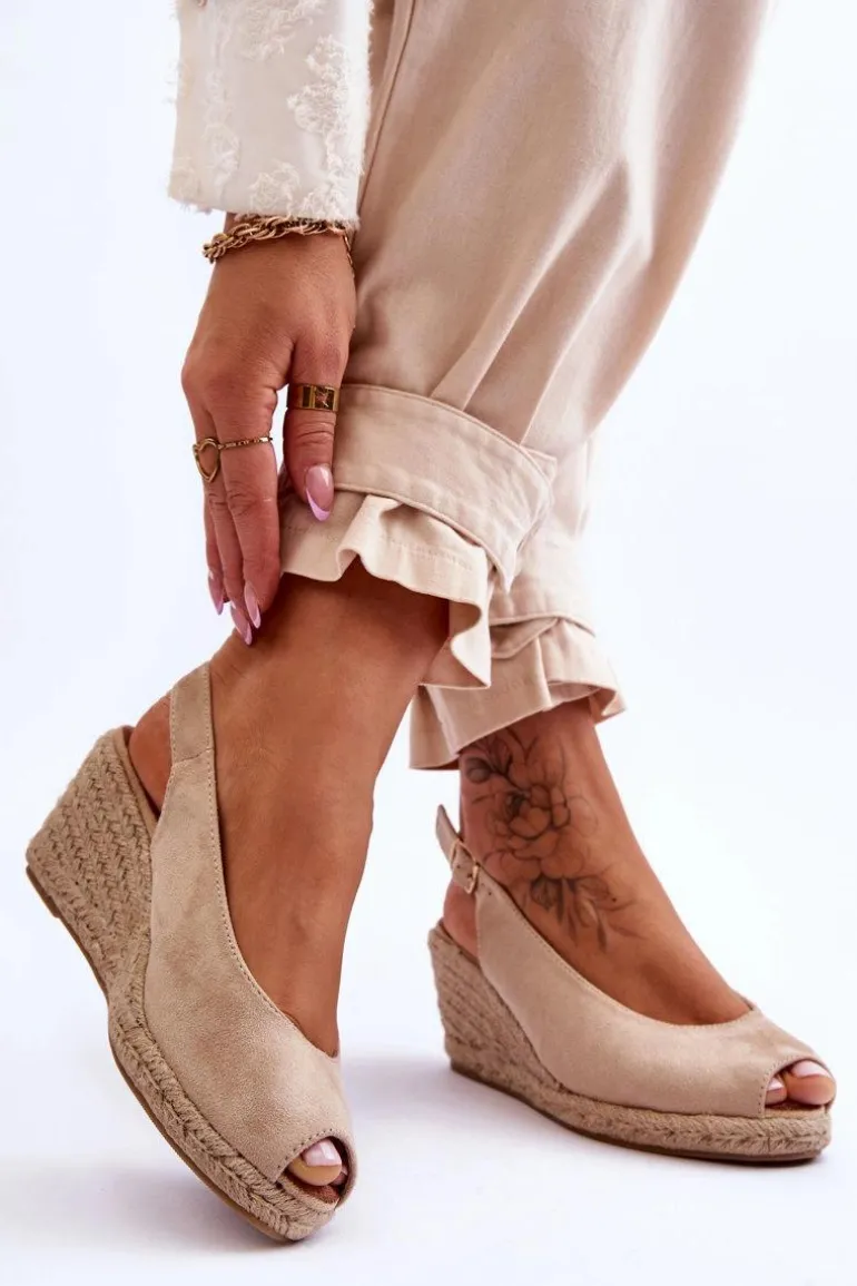 Zamszowe Sandały Na Koturnie Beżowe Elsie