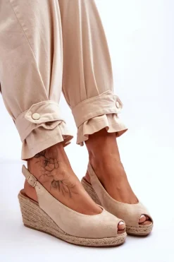 Zamszowe Sandały Na Koturnie Beżowe Elsie