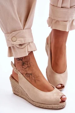 Zamszowe Sandały Na Koturnie Beżowe Elsie