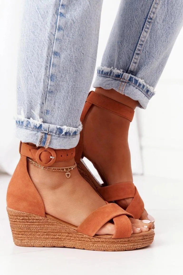 Zamszowe Sandały Na Koturnie Maciejka 04565-29 Rude