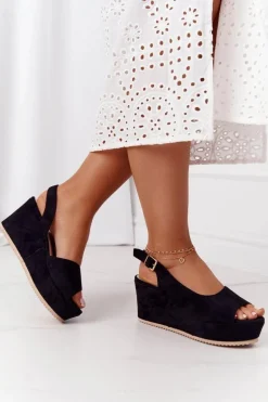 Zamszowe Sandały Na Koturnie Czarne Party Time