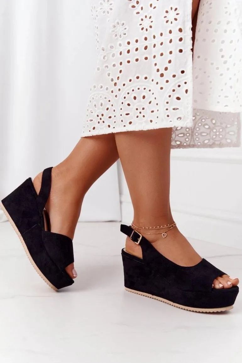 Zamszowe Sandały Na Koturnie Czarne Party Time