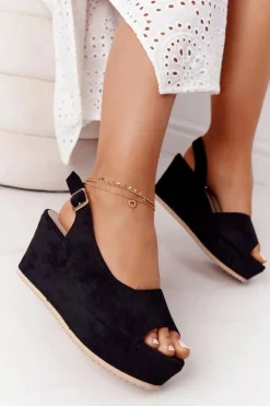 Zamszowe Sandały Na Koturnie Czarne Party Time