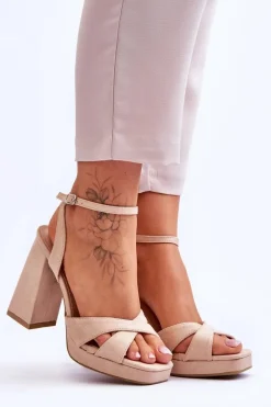 Zamszowe Sandały Na Kwadratowym Obcasie Beżowe Powerful