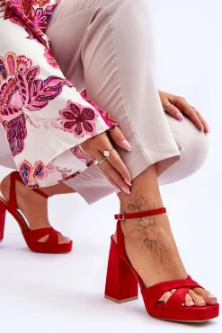 Zamszowe Sandały Na Kwadratowym Obcasie Czerwone Powerful