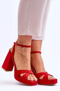 Zamszowe Sandały Na Kwadratowym Obcasie Czerwone Powerful