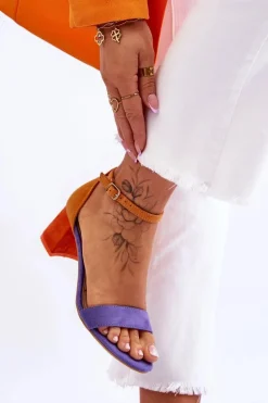 Zamszowe Sandały Na Niskim Obcasie Fioletowo-Żółte Quincy