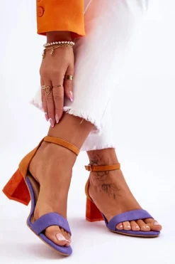 Zamszowe Sandały Na Niskim Obcasie Fioletowo-Żółte Quincy