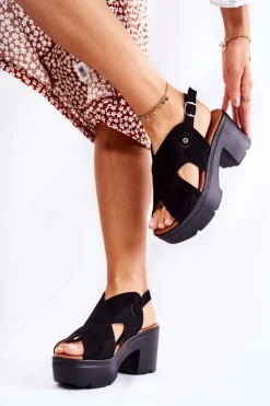 Zamszowe Sandały Na Obcasie Czarne Arlena