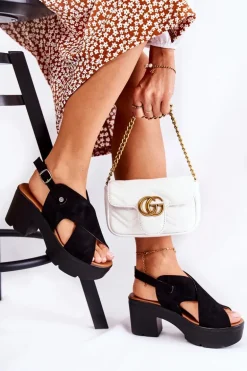 Zamszowe Sandały Na Obcasie Czarne Arlena