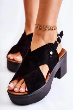 Zamszowe Sandały Na Obcasie Czarne Arlena