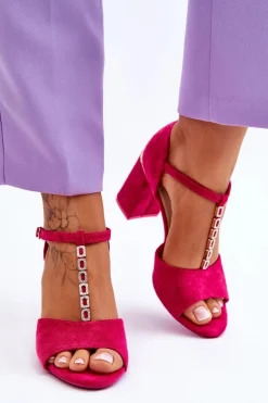 Zamszowe Sandały Na Obcasie Z Cyrkoniami Fuksja Aniya
