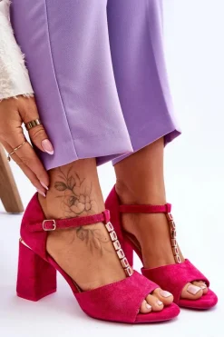 Zamszowe Sandały Na Obcasie Z Cyrkoniami Fuksja Aniya