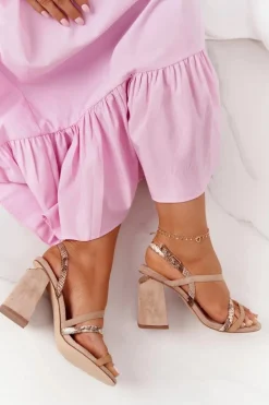 Zamszowe Sandały Na Obcasie S.Barski LJ432-1 Beżowe