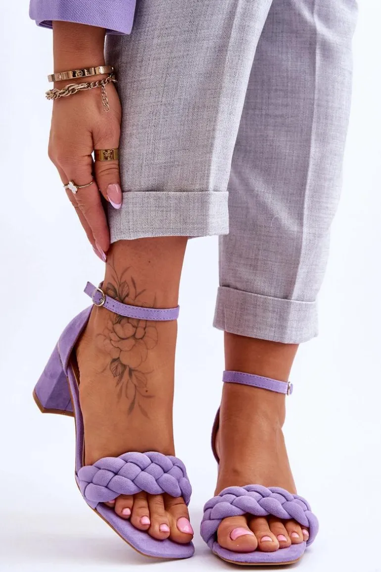 Zamszowe Sandały Na Obcasie Z Ozdobnym Warkocze Fioletowe Azela