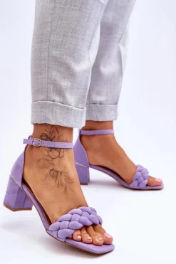 Zamszowe Sandały Na Obcasie Z Ozdobnym Warkocze Fioletowe Azela
