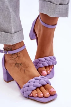 Zamszowe Sandały Na Obcasie Z Ozdobnym Warkocze Fioletowe Azela