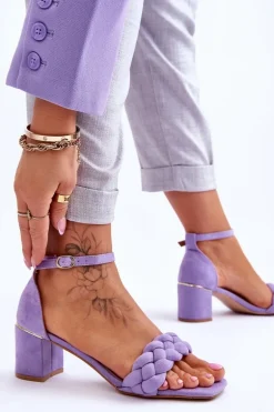 Zamszowe Sandały Na Obcasie Z Ozdobnym Warkocze Fioletowe Azela