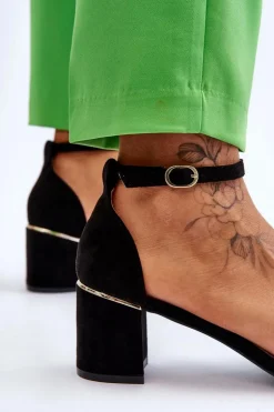 Zamszowe Sandały Na Obcasie Z Ozdobnym Warkocze Czarne Azela