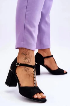 Zamszowe Sandały Na Obcasie Z Cyrkoniami Czarne Aniya