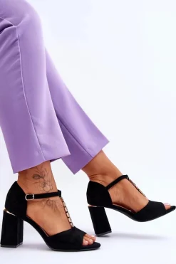 Zamszowe Sandały Na Obcasie Z Cyrkoniami Czarne Aniya