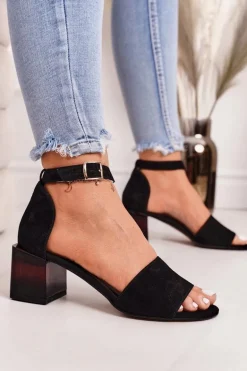 Zamszowe Sandały Na Obcasie Laura Messi 2285 Czarne