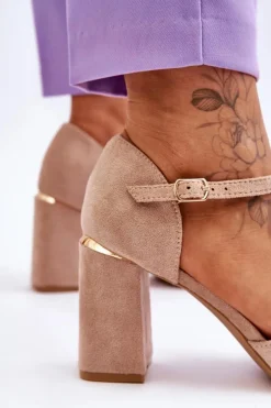 Zamszowe Sandały Na Obcasie Z Cyrkoniami Beżowe Aniya