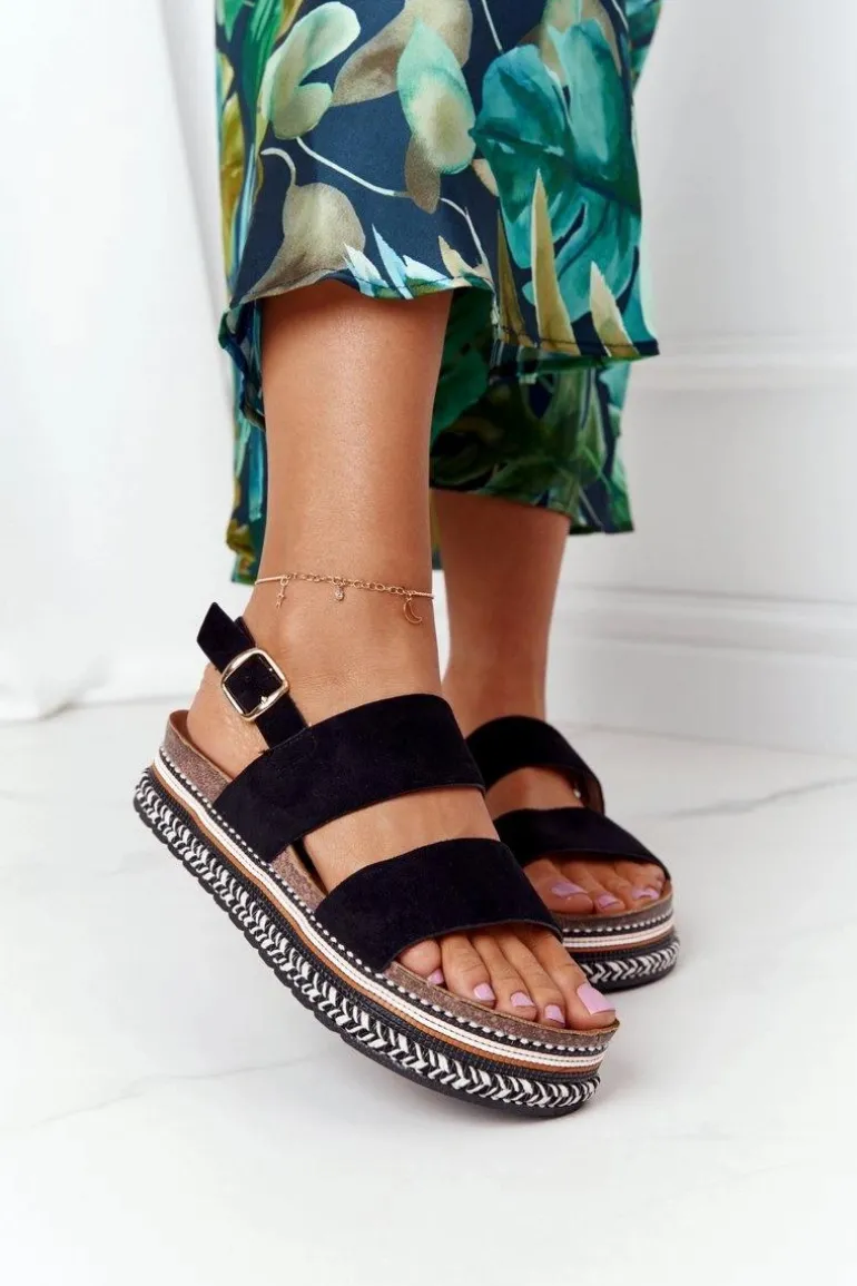 Zamszowe Sandały Na Platformie Czarne Olimpia