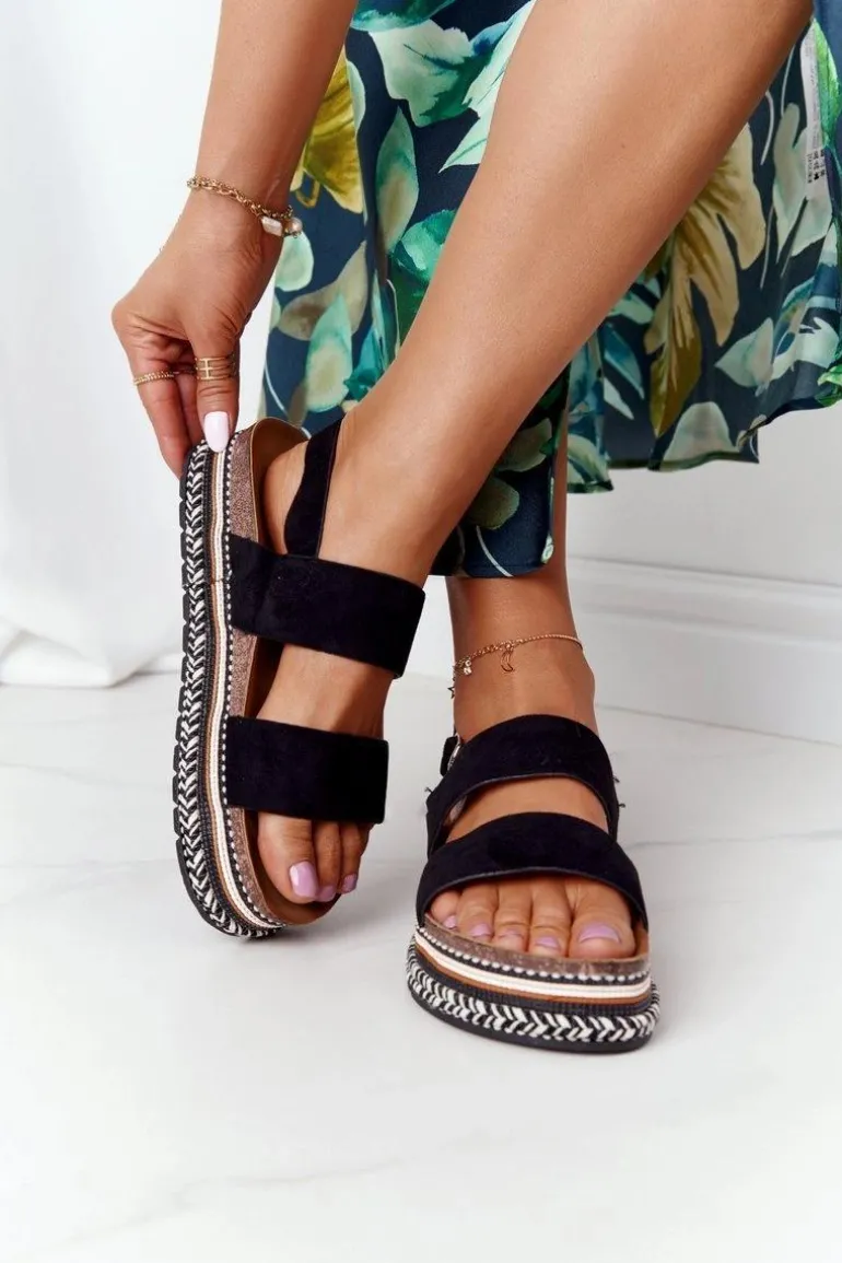 Zamszowe Sandały Na Platformie Czarne Olimpia