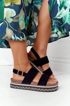 Zamszowe Sandały Na Platformie Czarne Olimpia