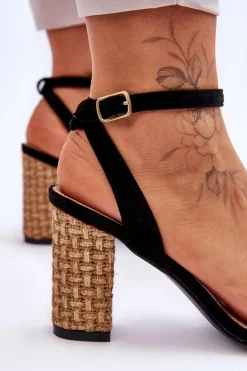 Zamszowe Sandały Na Plecionym Słupku Czarne Selila