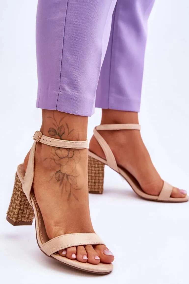 Zamszowe Sandały Na Plecionym Słupku Beżowe Selila