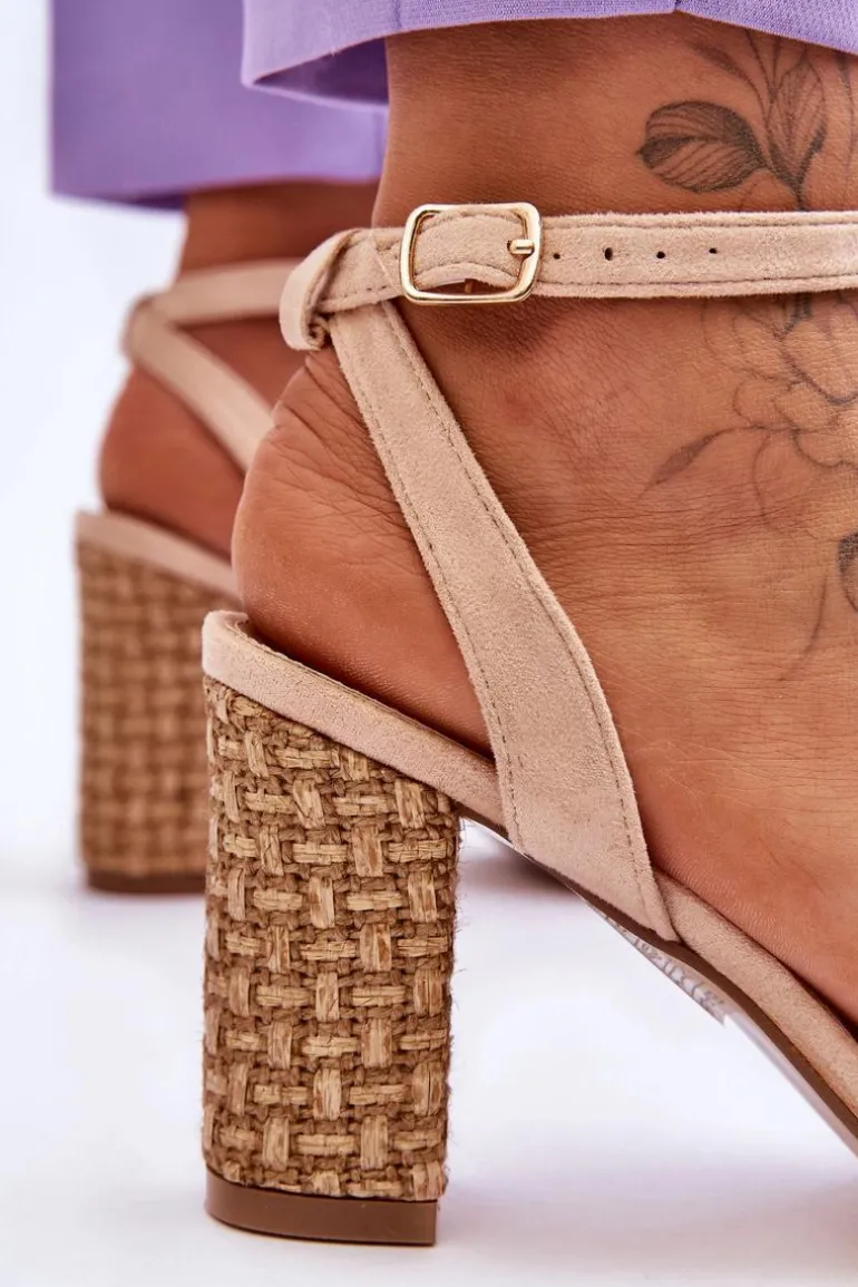 Zamszowe Sandały Na Plecionym Słupku Beżowe Selila
