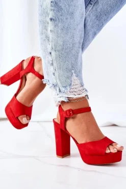 Zamszowe Sandały Na Słupku Czerwone Camilia