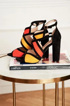 Zamszowe Sandały Na Słupku Czarno-Pomarańczowe Emolly