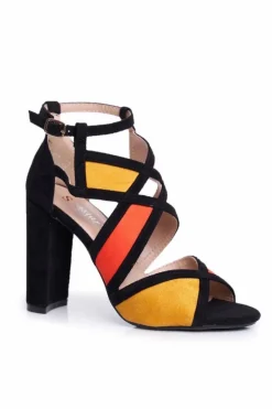 Zamszowe Sandały Na Słupku Czarno-Pomarańczowe Emolly