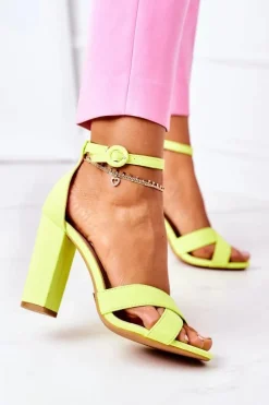 Zamszowe Sandały Na Słupku Neonowe Żółte Destino