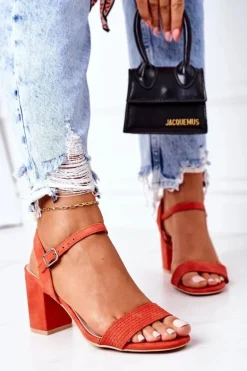Zamszowe Sandały Na Słupku Pomarańczowe Vanessa