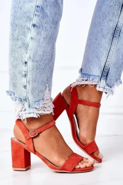 Zamszowe Sandały Na Słupku Pomarańczowe Vanessa