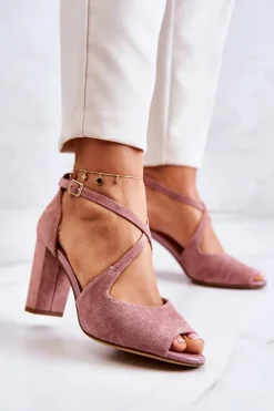 Zamszowe Sandały Na Słupku Różowe Lorita