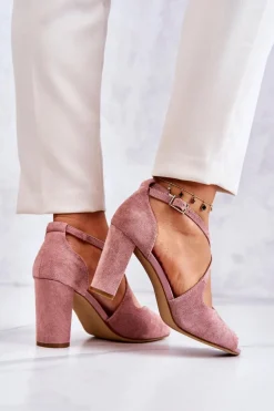Zamszowe Sandały Na Słupku Różowe Lorita