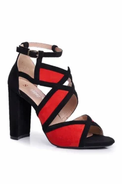 Zamszowe Sandały Na Słupku Czarno-Czerwone Emolly