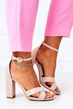 Zamszowe Sandały Na Słupku Beżowe Destino