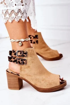 Zamszowe Sandały Na Słupku Lu Boo Camel Leopard