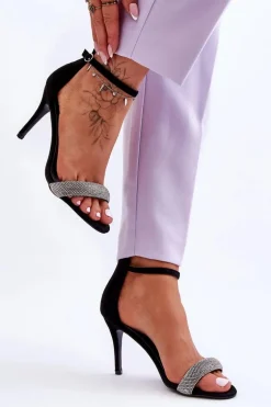 Zamszowe Sandały Na Szpilce Z Dżetami Czarne Moments