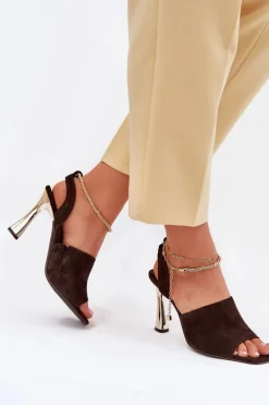 Zamszowe Sandały Na Szpilce Z Ozdobną Bransoletą CheBello 4440 Czekoladowe